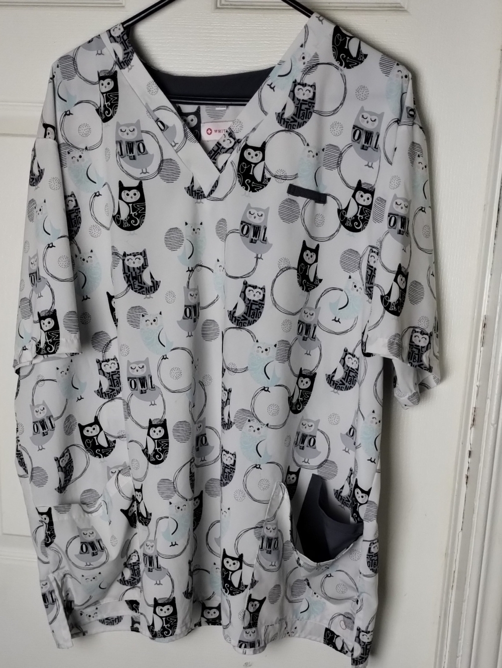 White Cross White Scrub Top with Black Owl Accents XXL